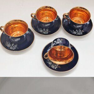 VTG Cobalt Blue  Gold Interior Fine Porcelain Favolina 4 Cups & Saucers Poland